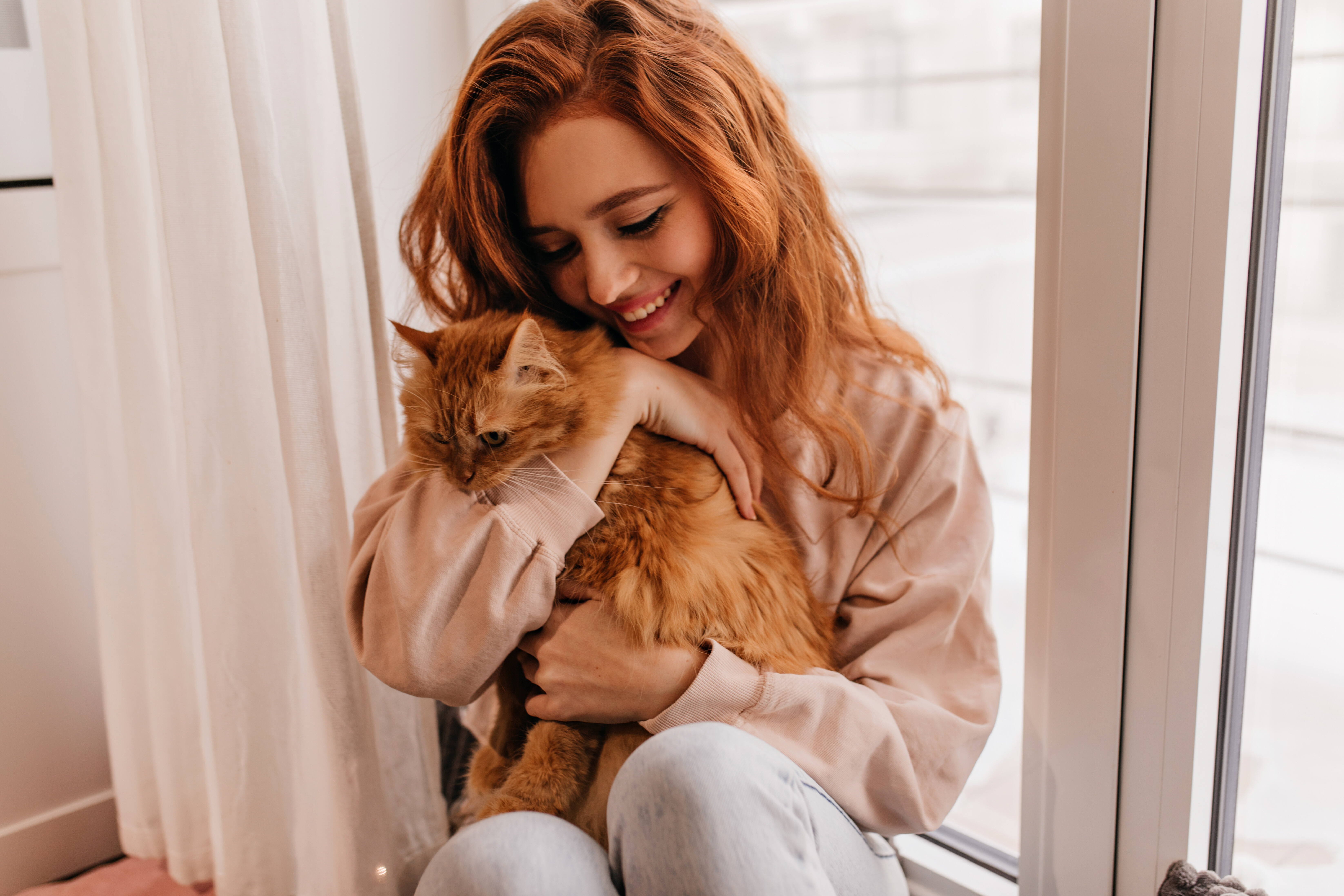 jocund lady with wavy hair posing with her pet indoor portrait european girl playing with cat home b366a