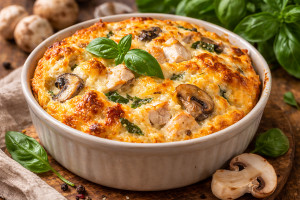 Αφράτο σουφλέ κοτόπουλου με μανιτάρια και βασιλικό που μοσχοβολά